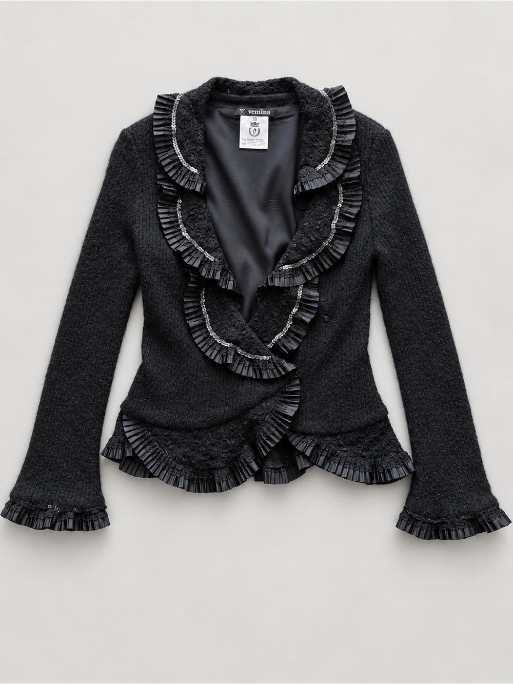 Vemina Black Mohair Blend Ruffle Sequin Trim Jacket Size 38 US S Gothic Romantic